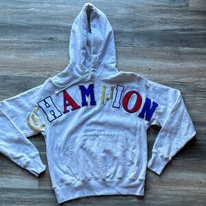 VINTAGE Champion Reverse Weave hoodie sweatshirt with Old English patchwork logo